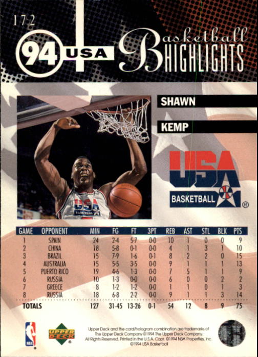 1994-95 Upper Deck #172 Shawn Kemp USA back image