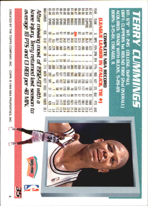 1994-95 Topps #35 Terry Cummings back image