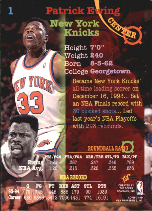 1994-95 Stadium Club First Day Issue #1 Patrick Ewing back image