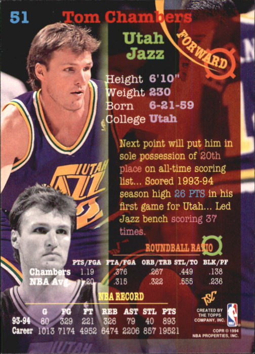 1994-95 Stadium Club First Day Issue #51 Tom Chambers back image