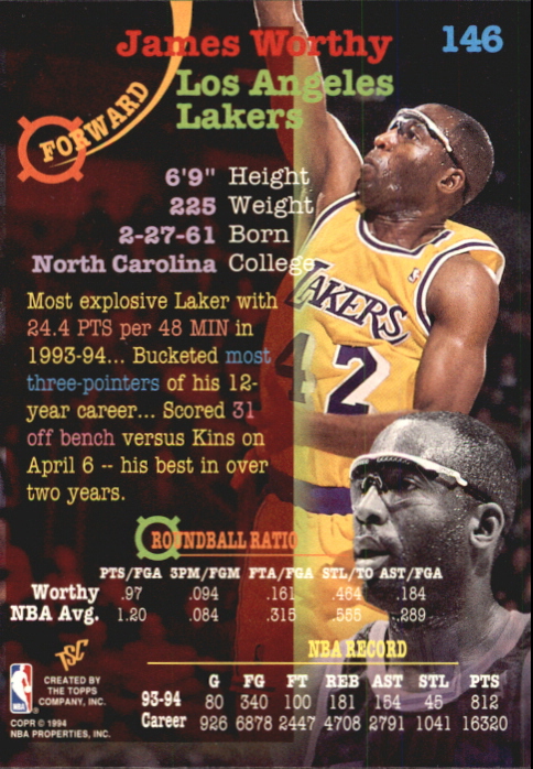 1994-95 Stadium Club First Day Issue #146 James Worthy back image