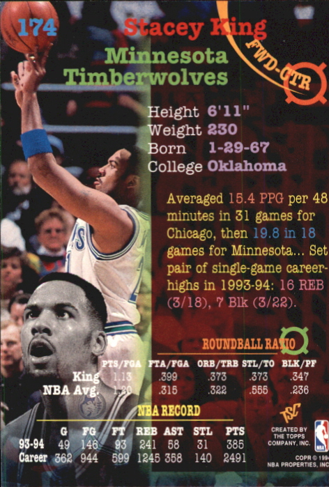 1994-95 Stadium Club First Day Issue #174 Stacey King back image