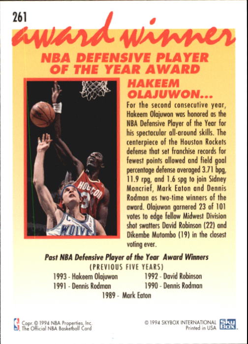 1994-95 Hoops #261 Hakeem Olajuwon AW back image
