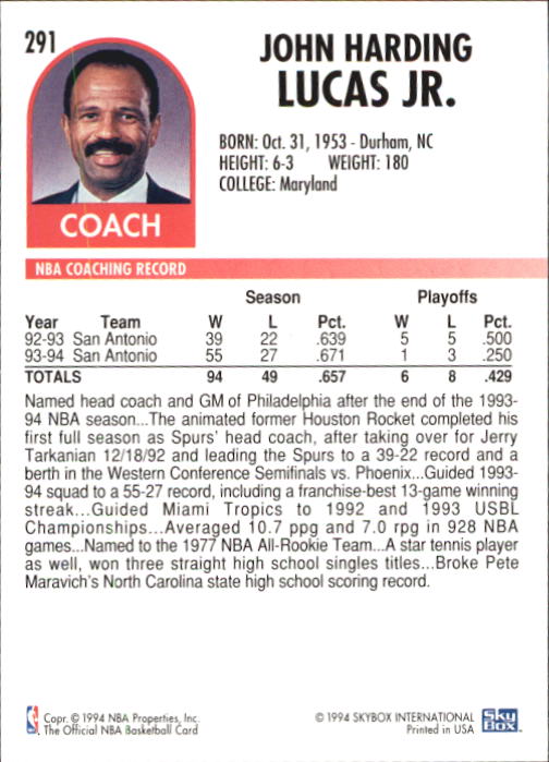 1994-95 Hoops #291 John Lucas CO back image