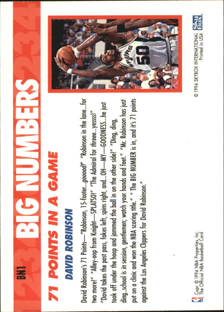 1994-95 Hoops Big Numbers #BN1 David Robinson back image