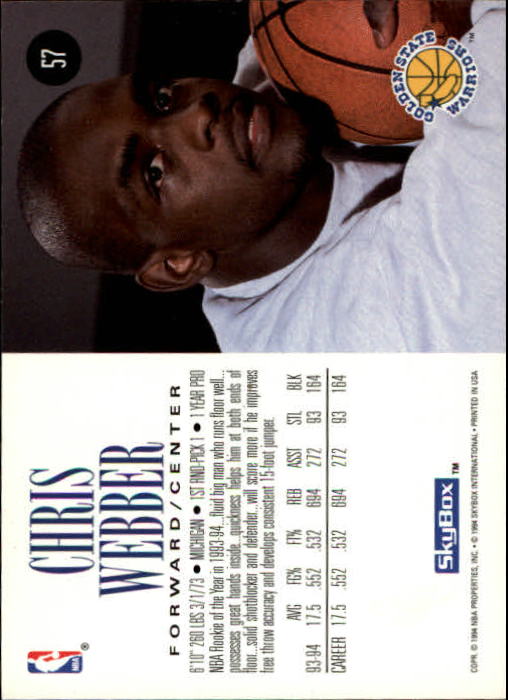 1994-95 SkyBox Premium #57 Chris Webber back image
