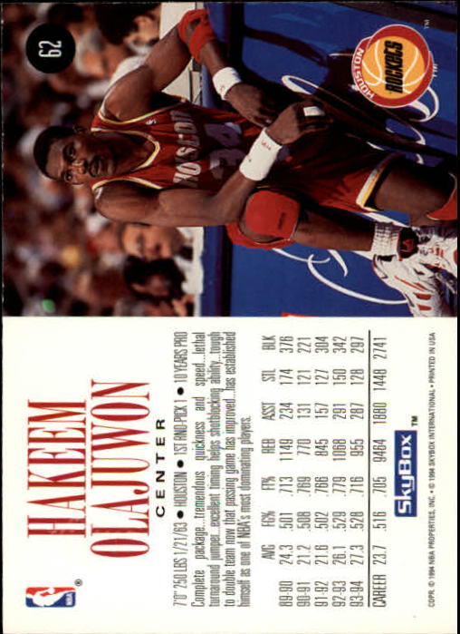 1994-95 SkyBox Premium #62 Hakeem Olajuwon back image