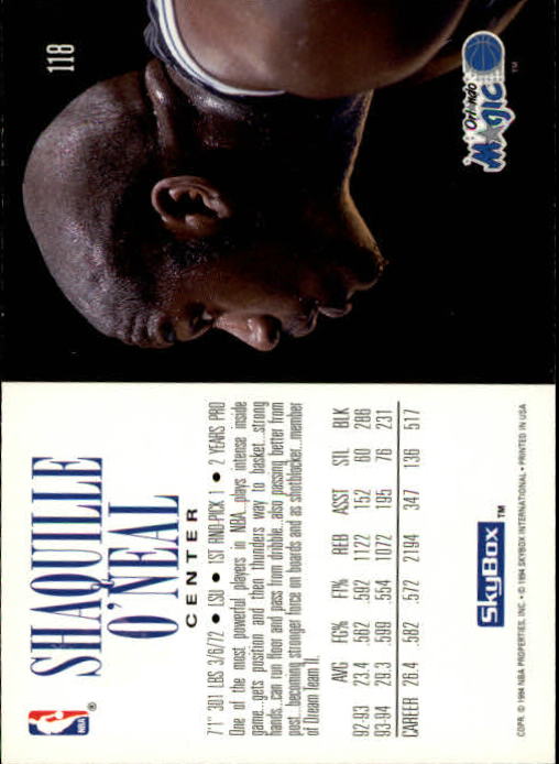 1994-95 SkyBox Premium #118 Shaquille O'Neal back image
