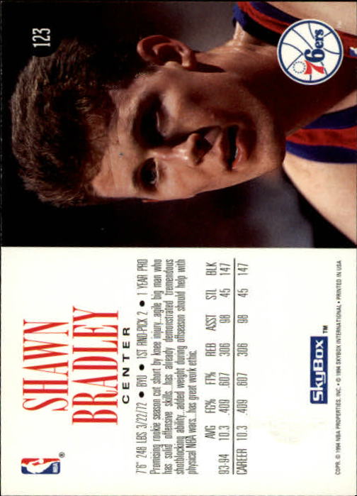 1994-95 SkyBox Premium #123 Shawn Bradley back image