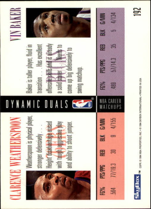 1994-95 SkyBox Premium #192 Clarence Weatherspoon/Vin Baker DD back image