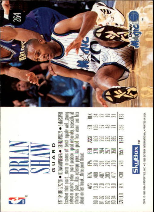 1994-95 SkyBox Premium #264 Brian Shaw back image