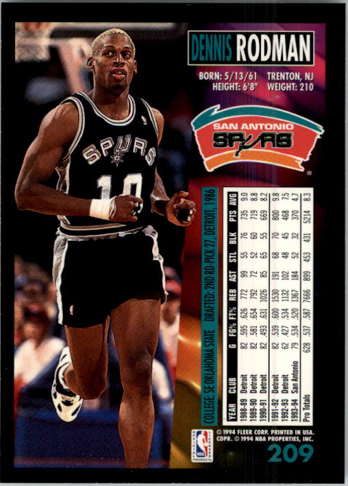 1994-95 Fleer Dennis Rodman #209 Basketball Card San Antonio Spurs HOF –  ARD Sports Memorabilia