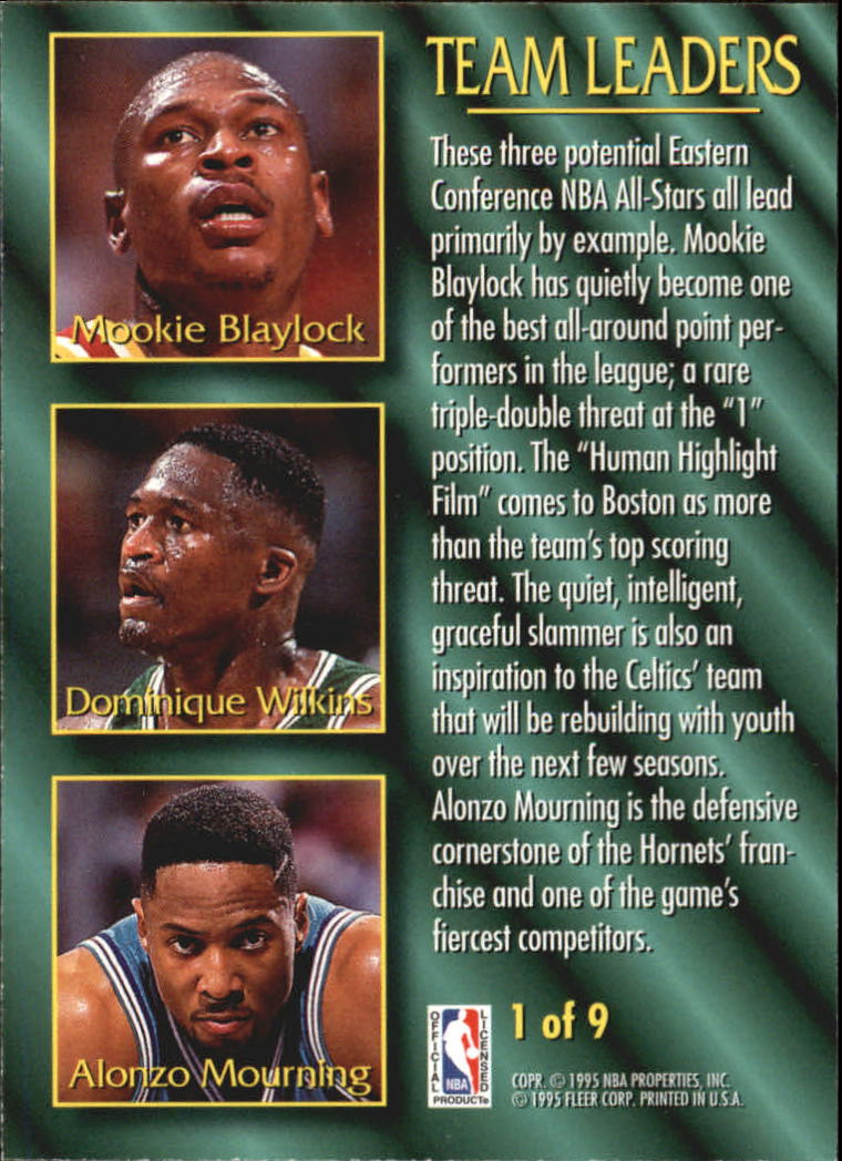 1994-95 Fleer Team Leaders #1 Mookie Blaylock/Dominique Wilkins/Alonzo Mourning back image