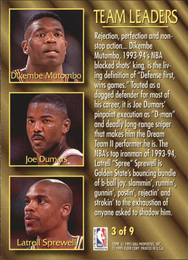 1994-95 Fleer Team Leaders #3 Dikembe Mutombo ERR/Joe Dumars/Latrell Sprewell/Card has Dumars with Rockets back image