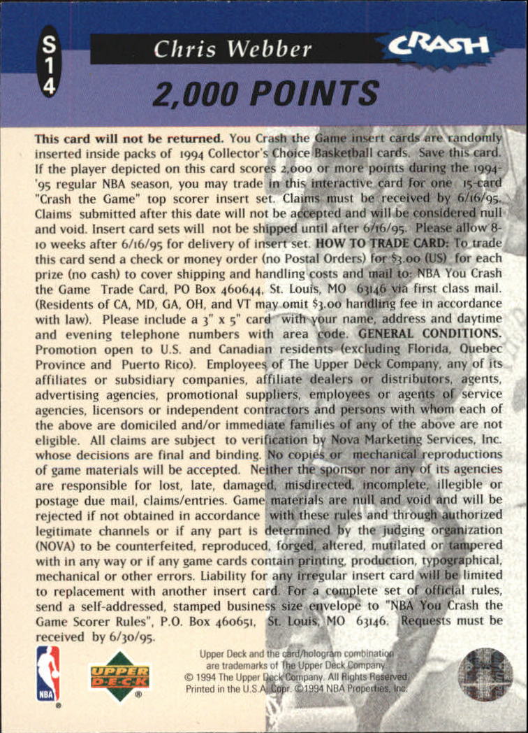 1994-95 Collector's Choice Crash the Game Scoring Redemption #S14 Chris Webber back image