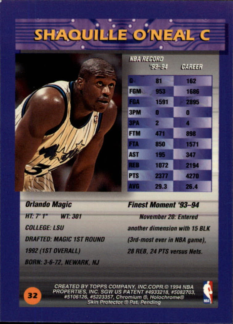 1994-95 Finest #32 Shaquille O'Neal back image