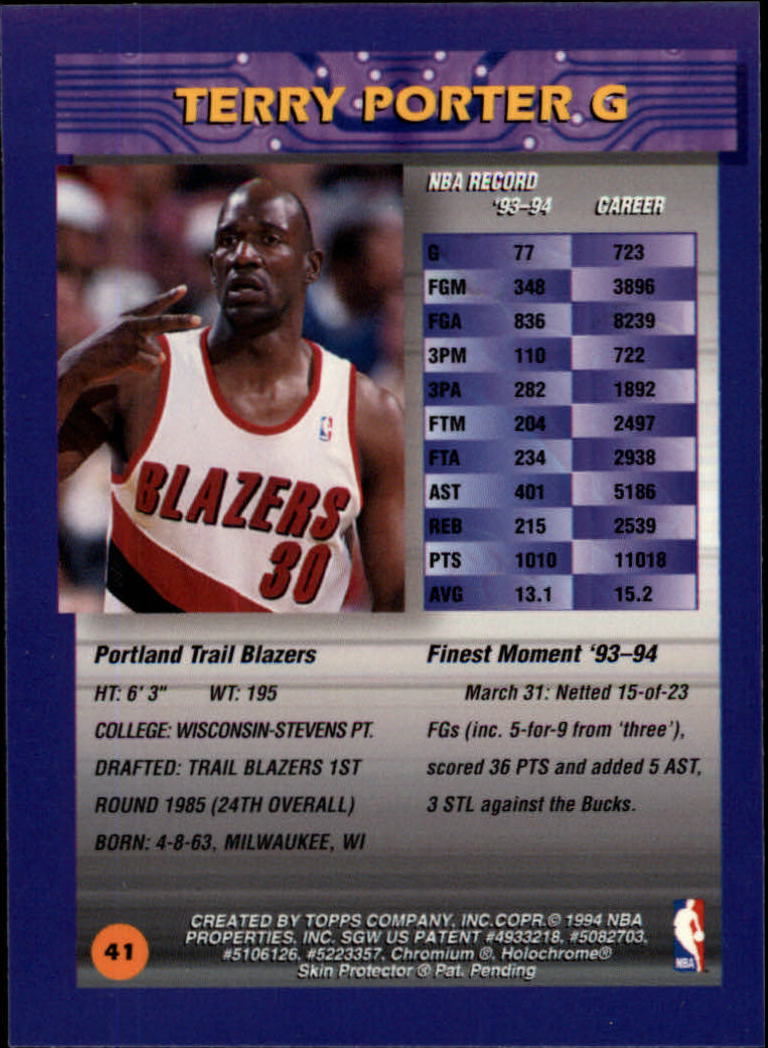 1994-95 Finest #41 Terry Porter back image