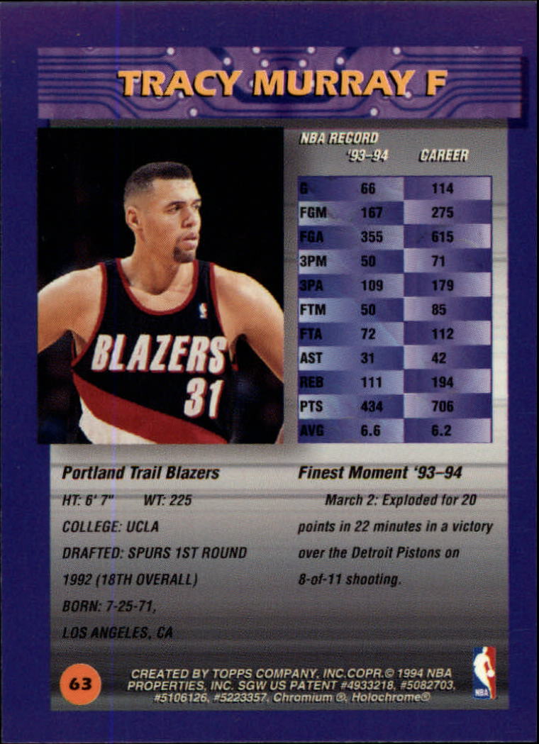 1994-95 Finest #63 Tracy Murray back image