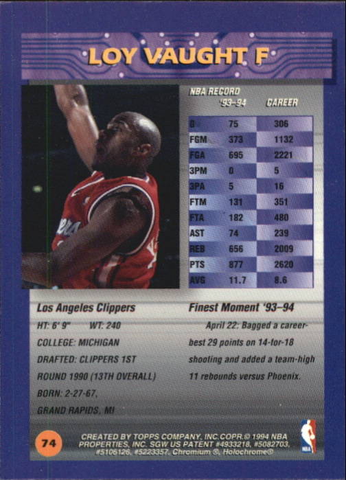 1994-95 Finest Refractors #74 Loy Vaught back image