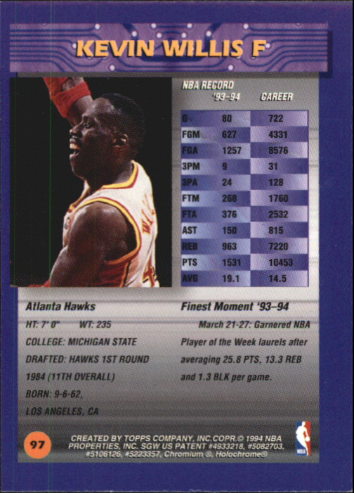 1994-95 Finest Refractors #97 Kevin Willis back image