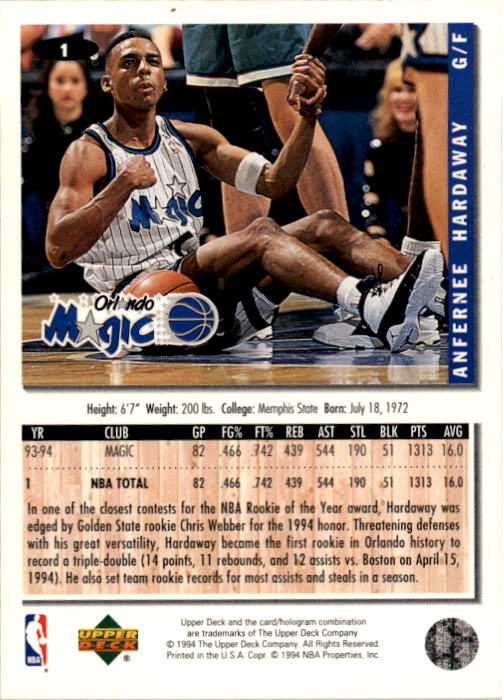 1994-95 Collector's Choice #1 Anfernee Hardaway back image