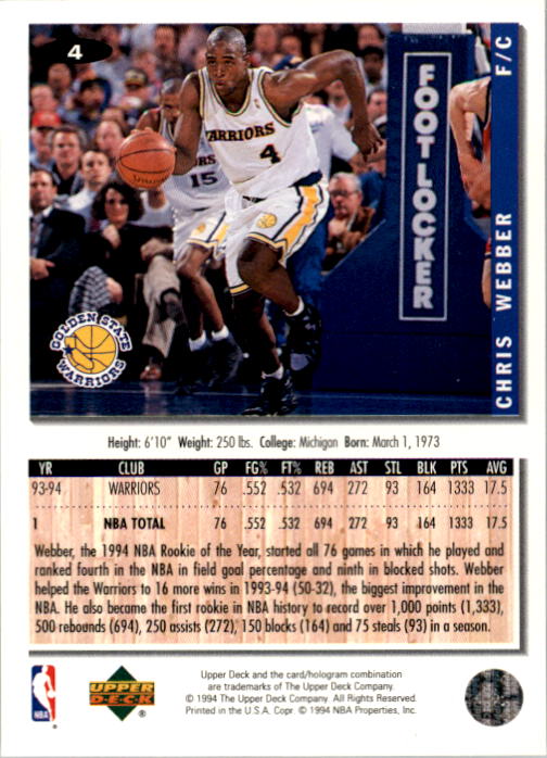 1994-95 Collector's Choice #4 Chris Webber back image