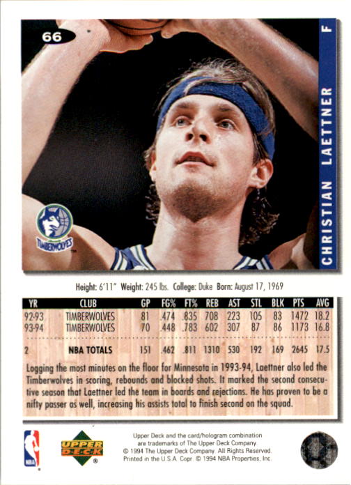 1994-95 Collector's Choice #66 Christian Laettner back image