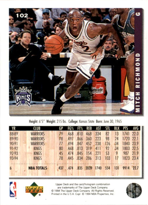 1994-95 Collector's Choice #102 Mitch Richmond back image