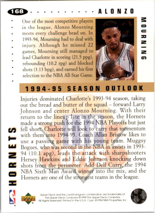1994-95 Collector's Choice #168 Alonzo Mourning TO back image