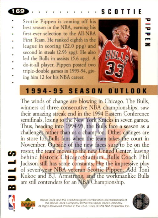 1994-95 Collector's Choice #169 Scottie Pippen TO back image