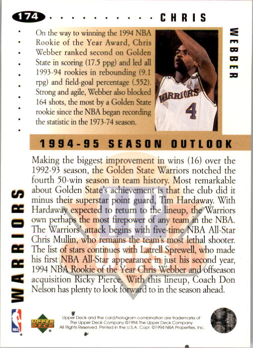1994-95 Collector's Choice #174 Chris Webber TO back image