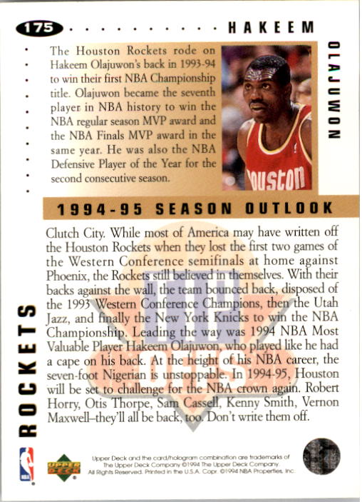 1994-95 Collector's Choice #175 Hakeem Olajuwon TO back image