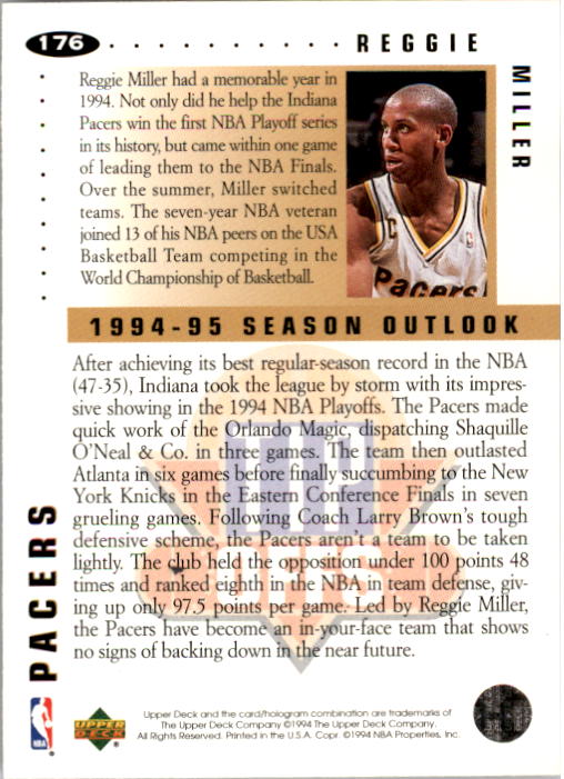 1994-95 Collector's Choice #176 Reggie Miller TO back image