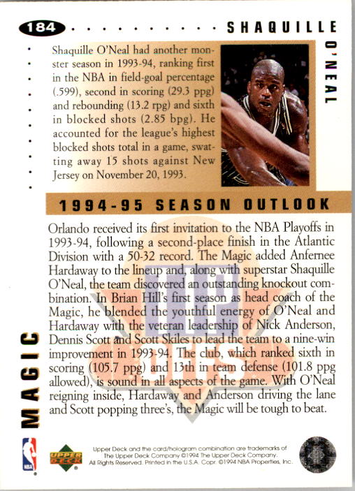 1994-95 Collector's Choice #184 Shaquille O'Neal TO back image