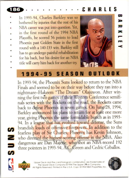 1994-95 Collector's Choice #186 Charles Barkley TO back image