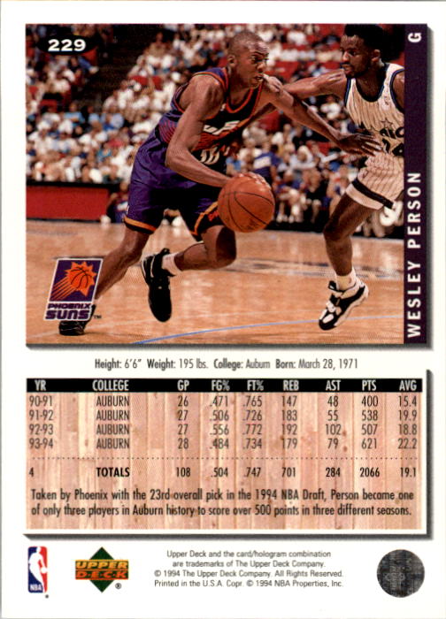 1994-95 Collector's Choice #229 Wesley Person RC back image