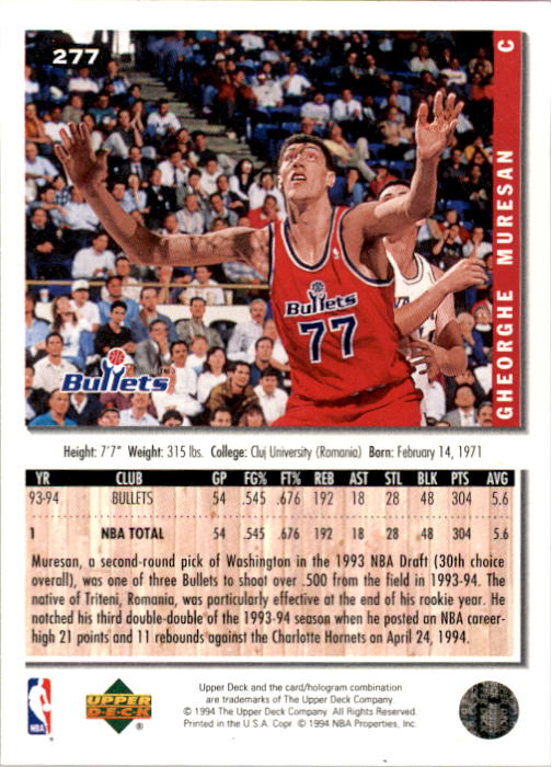 1994-95 Collector's Choice #277 Gheorghe Muresan back image
