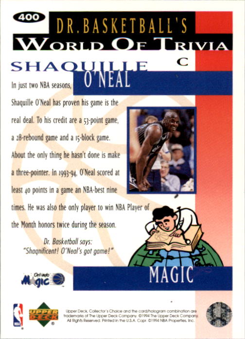 1994-95 Collector's Choice #400 Shaquille O'Neal TRIV back image