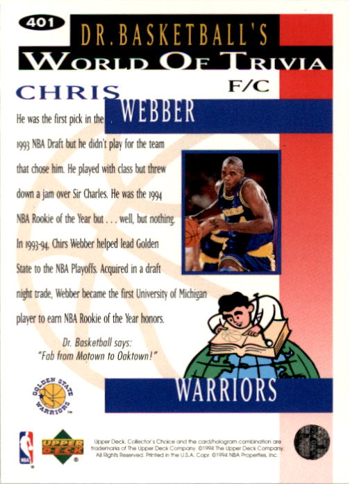 1994-95 Collector's Choice #401 Chris Webber TRIV back image