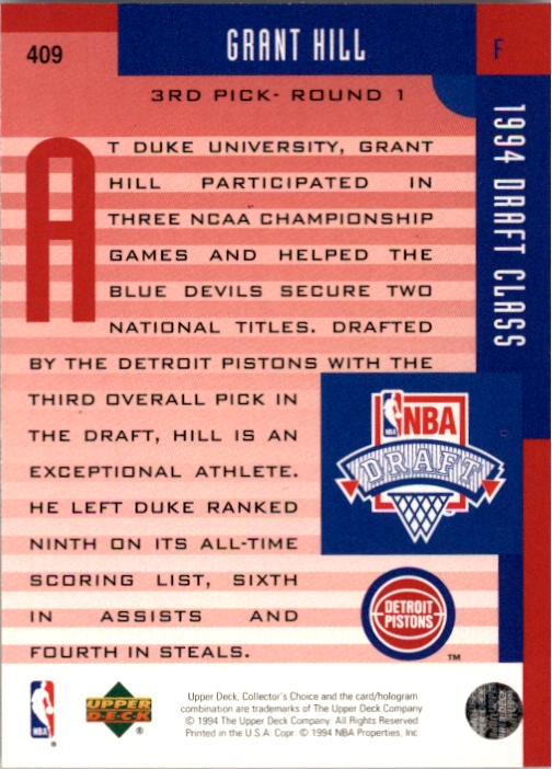 1994-95 Collector's Choice #409 Grant Hill DC back image