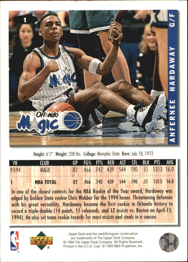 1994-95 Collector's Choice Silver Signature #1 Anfernee Hardaway back image