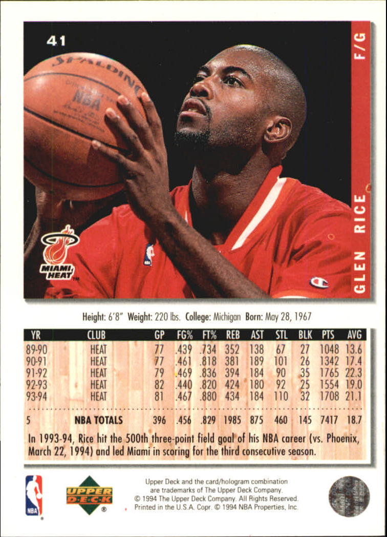 1994-95 Collector's Choice Silver Signature #41 Glen Rice back image