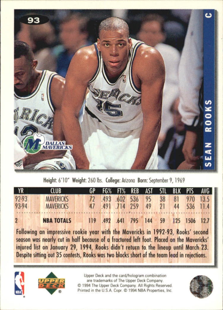 1994-95 Collector's Choice Silver Signature #93 Sean Rooks back image