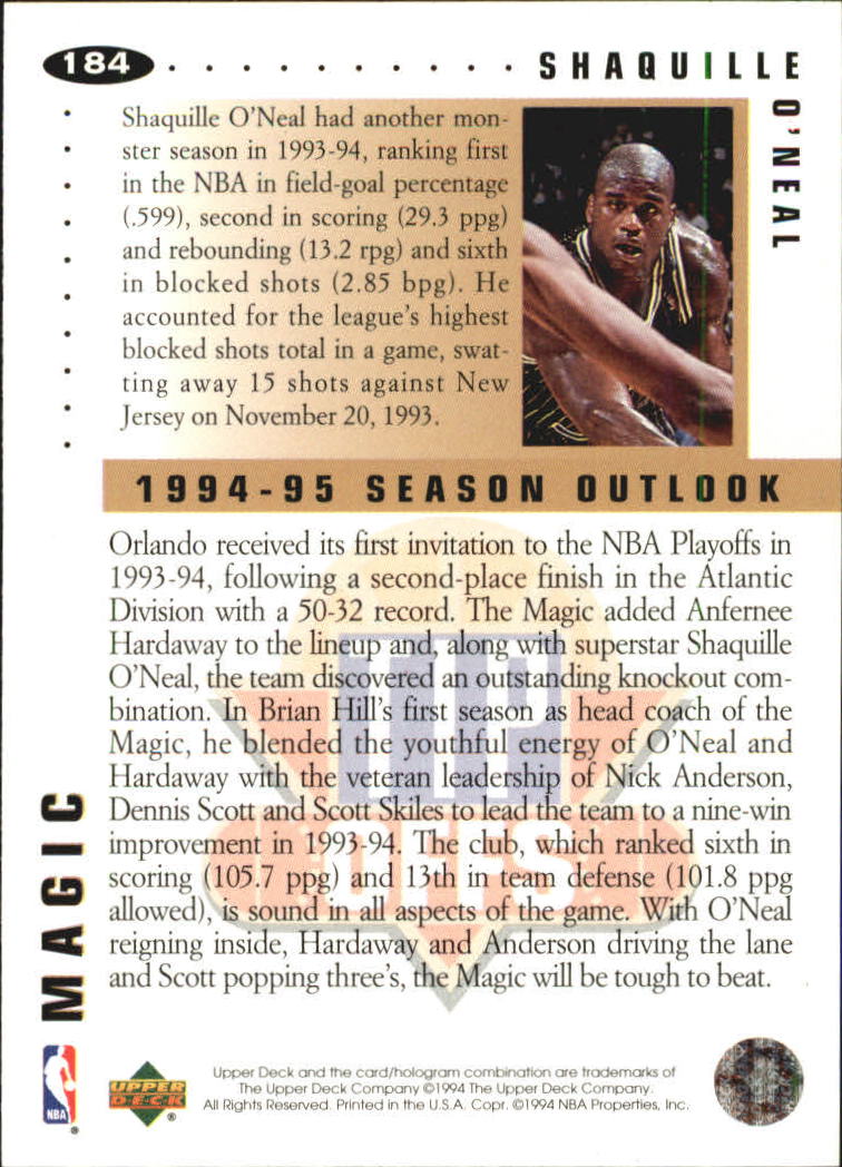 1994-95 Collector's Choice Silver Signature #184 Shaquille O'Neal TO back image