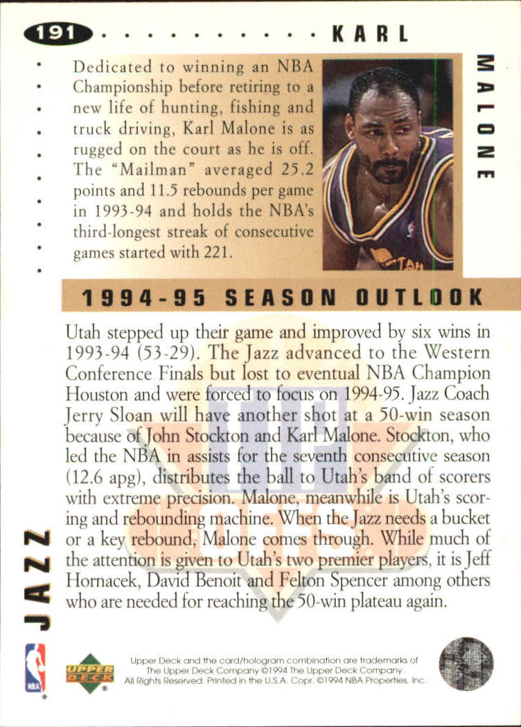 1994-95 Collector's Choice Silver Signature #191 Karl Malone TO back image