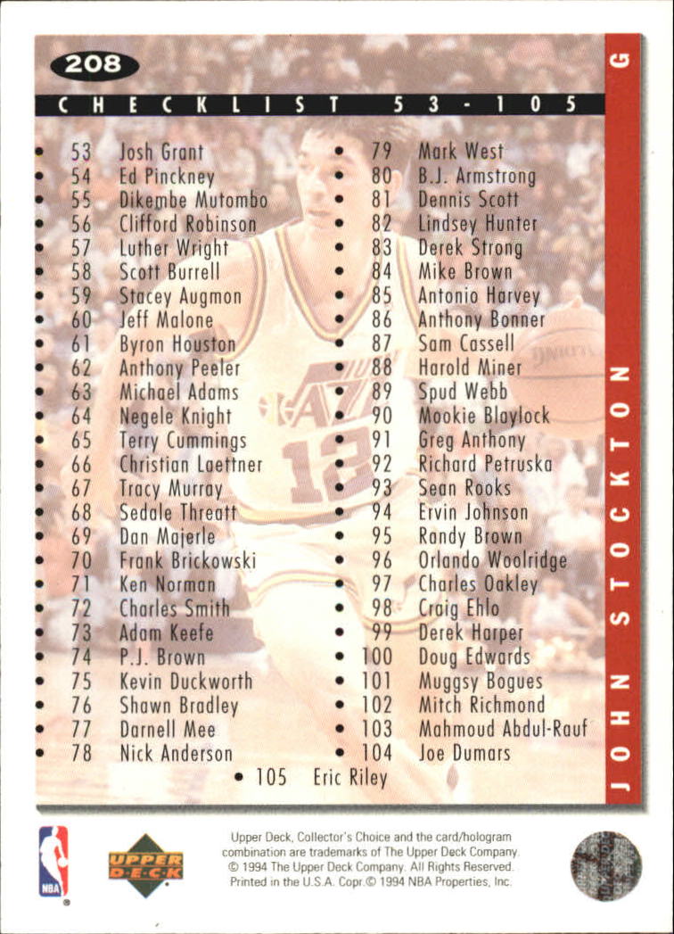 1994-95 Collector's Choice Silver Signature #208 John Stockton CL back image