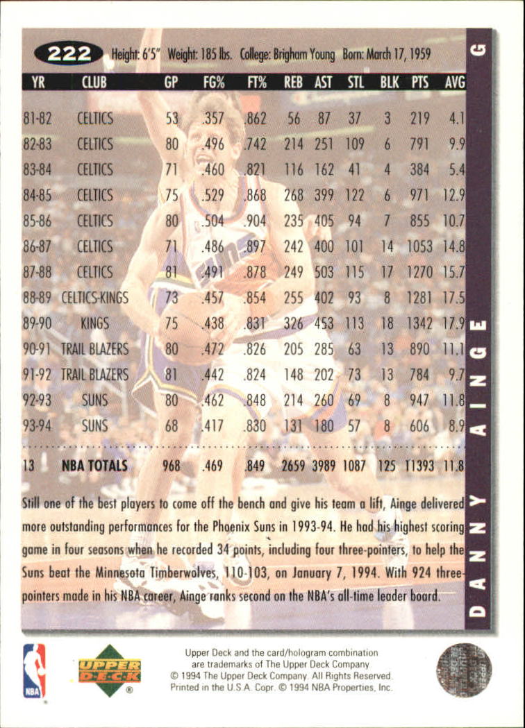 1994-95 Collector's Choice Silver Signature #222 Danny Ainge back image
