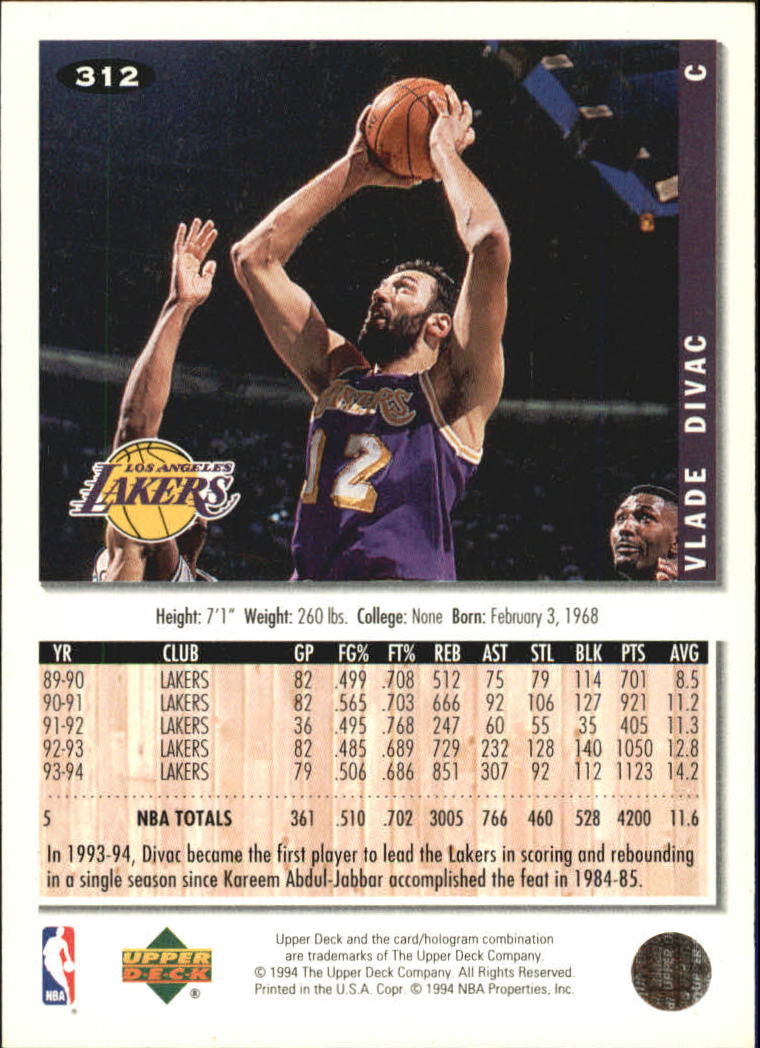 1994-95 Collector's Choice Silver Signature #312 Vlade Divac back image