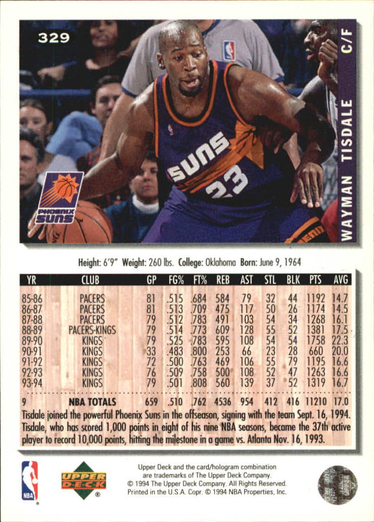 1994-95 Collector's Choice Silver Signature #329 Wayman Tisdale back image
