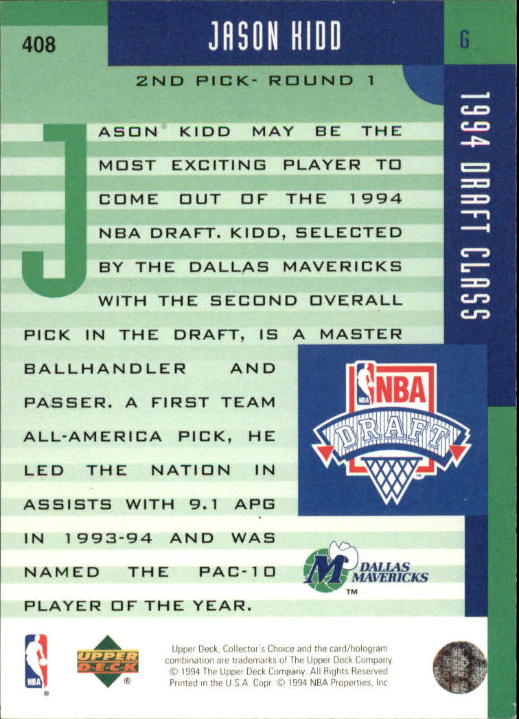 1994-95 Collector's Choice Silver Signature #408 Jason Kidd DC back image